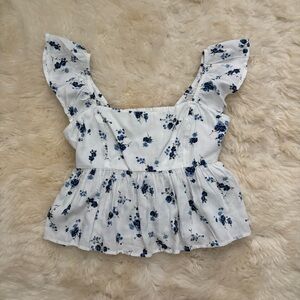 Hollister White and Blue Floral Square Neck Top with Flowy Bottom